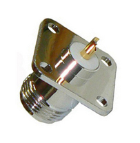 N-type female flange mount receptacle, suits PCB’s, 25mm x 25mm flange, 50 Ohms – nickel plated